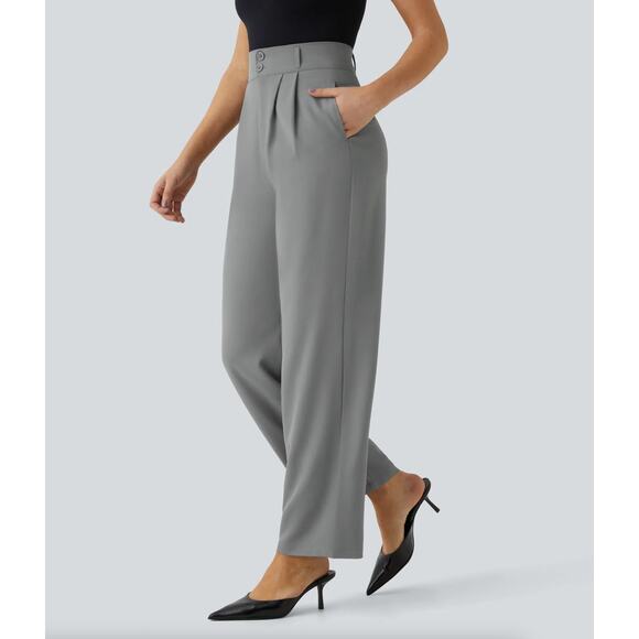 HALARA High Waist Button Side Pocket Shirred Straight Leg Work Pant Sz L {PP10} - Picture 4 of 6